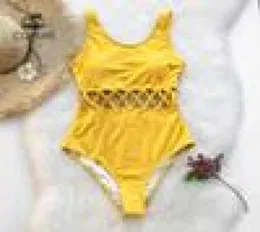 Yellow Cutout Solid Onepiece Swimsuit Women Plain Cross Sexy Bodysuits Swimwear 2019 New Beach Bathing Suits Monokinis5664447