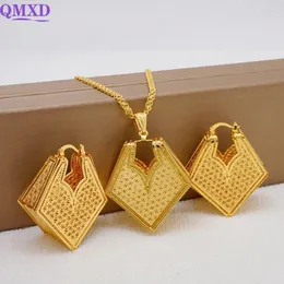 Necklace Earrings Set Trendy Dubai Unique Geometric Pendant & Necklaces For Women Gold Color Wedding Gifts Ethiopian Jewellery