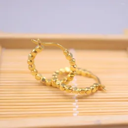 Hoop Earrings Real 18K Yellow Gold Huggie For Women Square Beads 18mm Outer Diameter Circle Stamp Au750