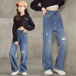 2023 Fashion Girls Jeans For Girl Teenage Clothes Elastic High Waist Denim Wide Leg Pants Autumn Kids Straight Trousers 240227