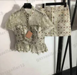 Mulheres vestidos de duas peças miu designer saia define rendas folha de lótus hem cintura manga curta saia superior duas peças terno tamanho sxl9122326