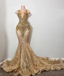 Diamonds Long Gold Evening Dresses 2024 Sparkly Beads Rhinestone Crystal Sequins Birthday Party Prom Gown Reception Robe 0303