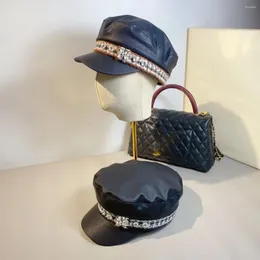 Berets Female Autumn And Winter Flat Top Hat Leather Military Thousand Bird Plaid Ribbon Flashing Diamond Travel Navy Male