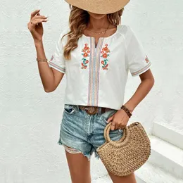 Women's Blouses Summer Women Tops Embroidered Flower Pattern V-neck Casual Breathable Loose Fit Short Sleeve Tee For A