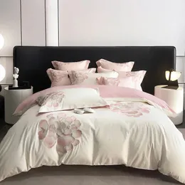 Conjunto de cama de algodão de fibra longa, edredom duplo, capa bordada, edredom, lençol, fronha 240226
