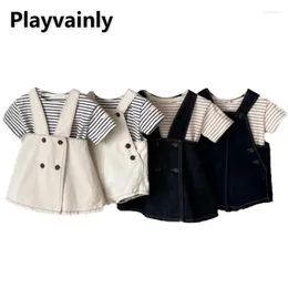 Kläder sätter koreansk stil sommar baby flicka pojke kläder runda krage svart kaffe blå t-shirts beige mörka overall barn e254