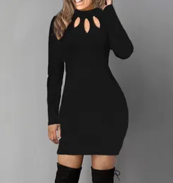 Bodycon sukienki Kobiety z długim rękawem sukienki z litego koloru wiosna jesień seksowna pusta okrągła szyja czarna mini sukienka bawełniana s m l 5xl y121204194