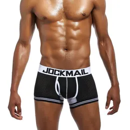 Jockmail Marka seksowna siatka oddychająca bokserki mężczyźni bielizna śpiąca bawełniana majtki szorty JM412