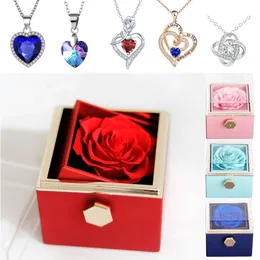 Gifts for Girlfriend Rotating Eternal Rose Gift Box Necklace Set Preserved Flower Jewelry For Valentine Christmas Birthday 240228