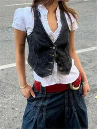 Kobiety Y2K estetyczna kamizelka dżinsowa płaszcz bez rękawów v szyja guzika w dół upraw Top Lato 2000 Gothic Grunge Kawaii Tank Top Streetwear 240229