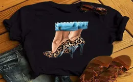 ZOGANKIN Frauen Schwarz T-shirt Sommer Neue Mode Leopard High Heel Kurzarm Print Kleidung Damen Grafik Tops Weibliche Kleidung X5175204