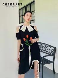 Casual Dresses CHEERART Designer Cold Shoulder Floral Patch Summer Dress For Women 2024 Black Short Sleeve Cute Korean Fashion Mini