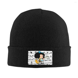 Berets Mafalda Quino Cartoon World Skullies Beanies 캡스 힙합 겨울 따뜻한 여자 남자 니트 모자 성인 재미있는 애니메이션 만화 보닛