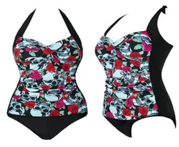 Sexiga kvinnor Strappy One Piece Swimsuit Skull Print Halter Backless Beachwear High midjen Badkläder Plus Size Summerkläder M4XL8406622