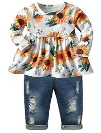 Girls039 Kläder Baby Girl Set Floral Ruffled Blue Ripped Jeans Pants Suit237L9154521