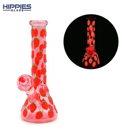 1pc,10in,Pink Glass Water Pipe,Borosilicate Glass Bottle With Colorful Luminous Strawberry,Glow In Dark,Cartoon Glass Bongs,Glass Hookah,Hand Painted