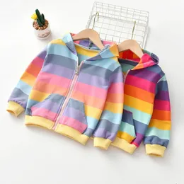 Herbst Baby Mädchen Hoodie Jacke Kinder Pullover Hemd Regenbogen Streifen Langarm T-Shirt Kinder Tops Zipper Sweatshirt Kind Mantel 240301