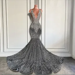 New Sparkly Silver Mermaid Prom Dresses Sheer O-Neck Beads Crystal Diamond Sequined Graduation Party Gowns Evening Gown Sexy Robe 0303