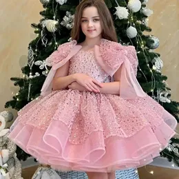 Kız Elbise Pembe Çiçek Elbise Düğün Glitter Diz Uzunluğu Yay Sevimli Bebek Pageant Prensesi İlk Cemaat Balo Koyu Gowns