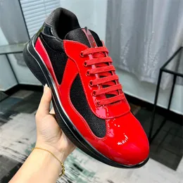 Luxury Designer Casual Shoes till salu America Cup Low Tops Flat Black Red Blue Leather Technical Fabric Sneakers Soft Rubber and Bike Mens Trainer Sneaker Storlek 38-45