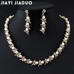 Jiayijiaduo ожерелье с искусственным жемчугом, комплект серег золотого цвета, свадебные украшения для волос, женский костюм 240220