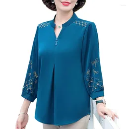 Women's Blouses Women Clothes Vintage Embroidery Elegant Summer Fashion V Neck Three Quarter Sleeve Shirts Solid Loose Ladies Tops