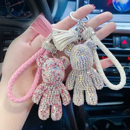 Nyckelnyckel Luxury Animal Bear Bulldog Dog Tassel Full Crystal Rhinestone Key Chains Holder Silver Keyrings Gifts Strap Charms Pendants 240303