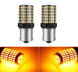 Novo 2 pçs âmbar amarelo sinal de luz volta 1224v 1156 ba15s 3014 144smd led super brilhante lâmpada erro decodificação canbus para auto5203362