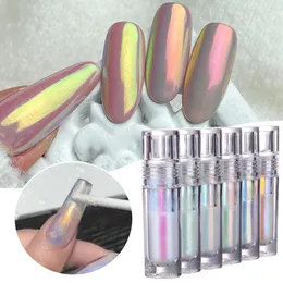 6 Color Small Tube Liquid Chrome Powder Aurora White Moonlight Pigment With Brush Glossy Rub Professional Salon Nail Glitter Set 240301