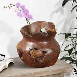 Rustik çiftlik evi dekorasyon için doğal kenar tik ahşap vazo, kurutulmuş çiçekler için benzersiz vazolar