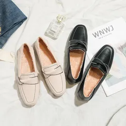 Casual Shoes Fur Bow-knot Moccasins Woman Flats Square Toe Cotton Loafers Sneakers Winter Plush Small Leather Women 2024 Big Size 40-43