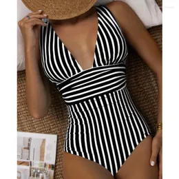 Roupa de banho feminina verão sexy listrado um pedaço maiô fechado feminino push up corpo nadar wear maiô praia piscina banhista 2024