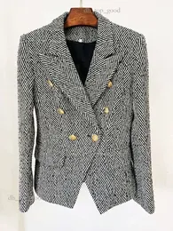 Designer casaco de lã feminino fino encaixe leão botões espinha de peixe listrado tweed jaqueta blazer