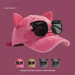 Y2K Girls Cat Ears Solglasögon Pink Baseball Cap Ins Personlighet Ins Trendy Cool Girl Cap Washed Retro Cotton Baseball Hat 240301