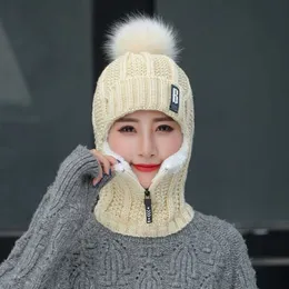 Lã de malha chapéu de esqui feminino conjuntos de chapéu para feminino à prova de vento inverno ao ar livre malha quente grosso cachecol siamês gola quente chapéu menina gift349q