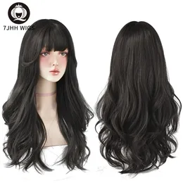 7JHH perucas marrom cinza longa onda profunda cabelo lolita perucas com franja peruca sintética para mulheres moda cachos grossos menina 240229