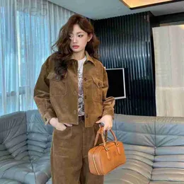 Women's Two Piece Pants Designer jacket Brand Maillard Pit Stripe Miu Corduroy Lapel Short Top Versatile Loose Straight Leg Wide Set LD8G