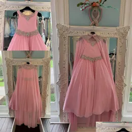 Abiti da spettacolo per ragazze in chiffon rosa per adolescenti 2022 con strass avvolgenti Abiti lunghi per bambine Cerniera posteriore Festa formale Rosi Dhtka