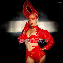 Palco desgaste vermelho couro biquíni sexy gogo dançarino trajes bar nightclub dj desempenho rave outfit mulheres pole dance roupas xs7059