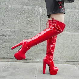 منصة نساء أحذية Rimocy على ركبة Sexy 17cm Super High Heels Red Patent Leath