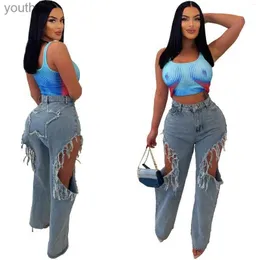 Women's Jeans Womens Jeans Women Fashion Ripped Cutout Tassel Star Back Zipper Fly Straight Sping Summer INS Street Denim Pants Trousers 240304