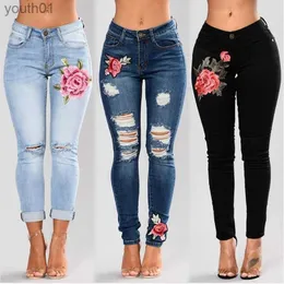 Jeans femininos estiramento bordado jeans mulher elástica flor jeans feminino magro denim calças buraco rasgado padrão pantalon femme 240304