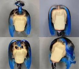 Lace Wigs Highlight Blue Human Hair For Women Colored Front Wig Brazilian Remy Short Bob Transparent Closure25751073613516