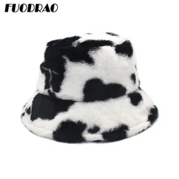 Fuodrao New Winter Cow Bucket Hat Women Faux Fur Girl Hat Fashion Warm Panama Outdoor Fisherman Cap Men 3colors M135 201102284E