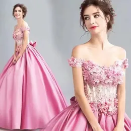 2024 rosa 3D-Blumen Brautkleider Illusion volle Spitze Applikationen Korsett Perlen Perlen Kristall Perlen schulterfrei Ballkleid formelle Satin Luxus Brautkleider