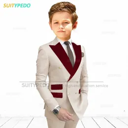 Burgundy Ed Lapel Boys Suit Set Children Prom Formal Blazer Spods Dwa kawałki kwiat Wedding Kid Slim Fit Stroje Tuxedo 240304