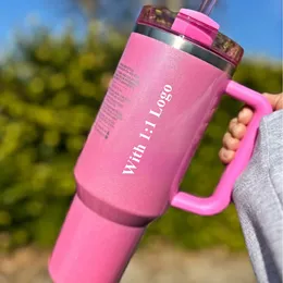 US Stock Tumbler Black Chroma Quenched H2.0 Co-branded pink red New 40oz Mug Tumbler with Handle Anti Slip Lid Straw Stainless Steel Coffee Termos Mug Valentine's Day