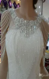 2020 Kristall Strass Schmuck Braut Wraps Weiße Spitze Hochzeit Schal Jacke Luxuriöse Bolero Jacke Hochzeitskleid mit Perlenstickerei4150106