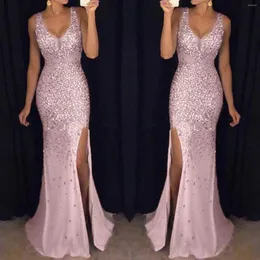 Casual Dresses Sexig Long Glitter -paljetter Rose Gold Party Dress for Women Elegant Ball Evening Gown Bridesmaid Sequin Prom V Neck