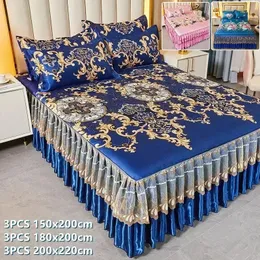 3PCSLOT Double Side Sheet Set Classic Lace Royal Blue Skirt Machine Washable Wedding Bed estread Madrass Cover 240227